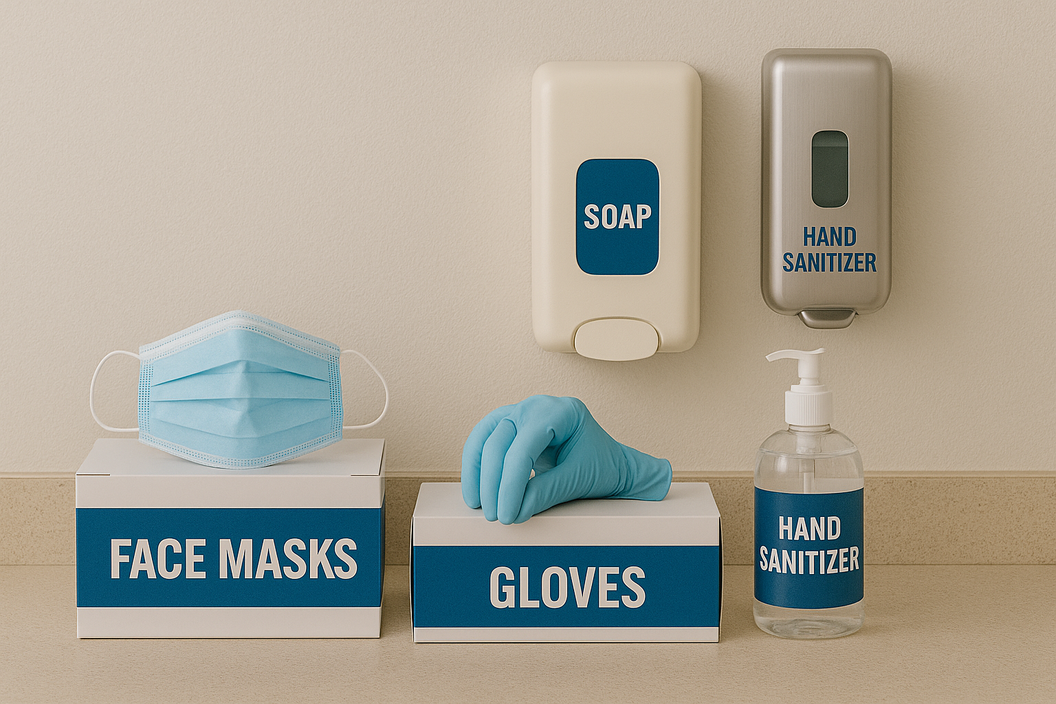 Healthcare hand hygiene and PPE supplies including masks, gloves, soap and sanitizer dispensers